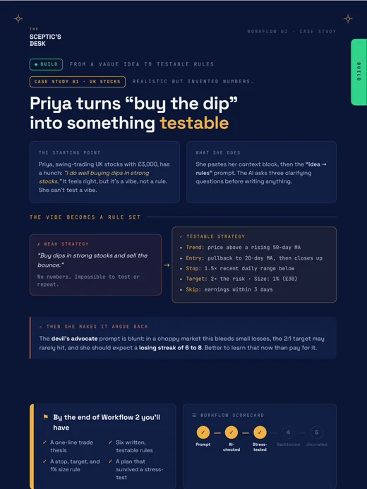 A page from AI Trading, Demystified showing a worked case study